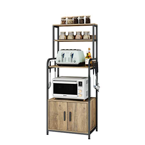 HOMECHO Mueble Auxiliar de Microondas para Cocina Alacena Armario de Cocina Salon Dormitorio para Almacenamiento con 3 Estantes y 2 Puertas y 8 Ganchos Marrón 50x40x149 cm