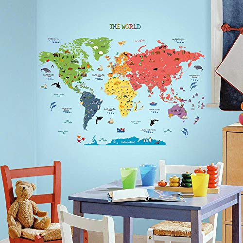 HomeEvolution, Mapa del mundo adhesivo [texto en inglés], de tamaño grande, desmontable, para niños, guardería, sala de juegos, decoración de pared