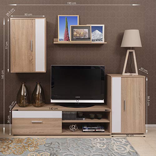 Homely - Mueble de salón Modular Ibiza Mini Color Roble y Blanco de 190 cm Homely - Mueble de salón Modular Ibiza Mini Color Roble y Blanco de 190 cm