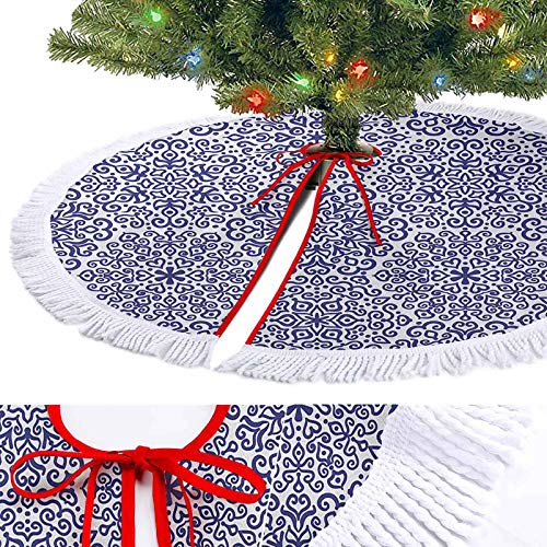 Homesonne Falda de árbol de Navidad con diseño de flores pequeñas con corazones estilo ruso impreso, decoraciones de Navidad Tu gato puede disfrutar tumbado en el árbol falda azul real y blanco 122 cm