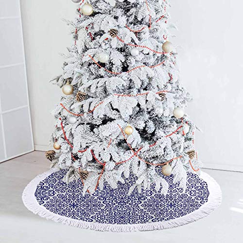 Homesonne Falda de árbol de Navidad con diseño de flores pequeñas con corazones estilo ruso impreso, decoraciones de Navidad Tu gato puede disfrutar tumbado en el árbol falda azul real y blanco 122 cm