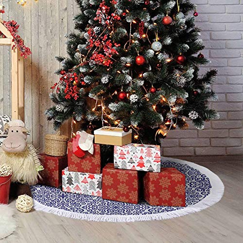 Homesonne Falda de árbol de Navidad con diseño de flores pequeñas con corazones estilo ruso impreso, decoraciones de Navidad Tu gato puede disfrutar tumbado en el árbol falda azul real y blanco 122 cm