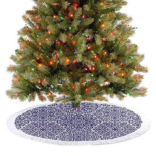 Homesonne Falda de árbol de Navidad con diseño de flores pequeñas con corazones estilo ruso impreso, decoraciones de Navidad Tu gato puede disfrutar tumbado en el árbol falda azul real y blanco 122 cm