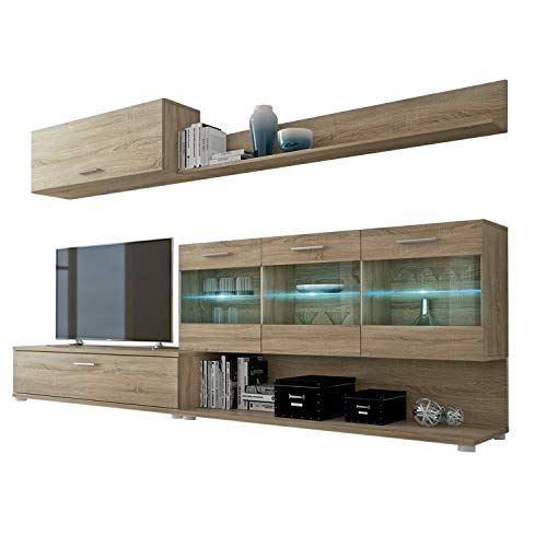 HomeSouth - Mueble de Comedor, modulo Salon Vitrina con Led, Modelo Zafiro, Acabado Color Cambria, Medidas: 250 cm (Ancho) x 39,6 cm (Fondo)