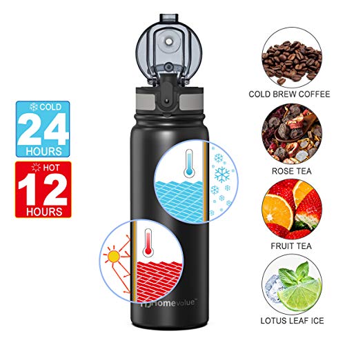 Homevalue - Botella de agua de acero inoxidable, sin BPA, doble pared, aislada al vacío, para 12 horas de bebidas frías y 24 horas, 500 ml, ideal para trabajo, gimnasio, viajes,niños