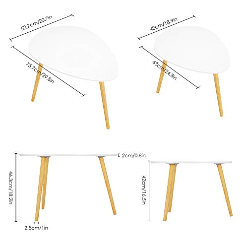 Homfa 2Pcs Mesas Auxiliares Mesas de Café Mesas de Centro para Salón Blanco Forma de Gota 75.7x52.7x46.3cm y 63x48x42cm