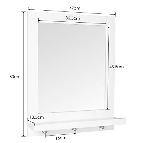 Homfa Espejo Baño Espejo de Pared con 1 Balda y 3 Ganchos Espejo para Baño Dormitorio Blanco 47x13.5x60cm