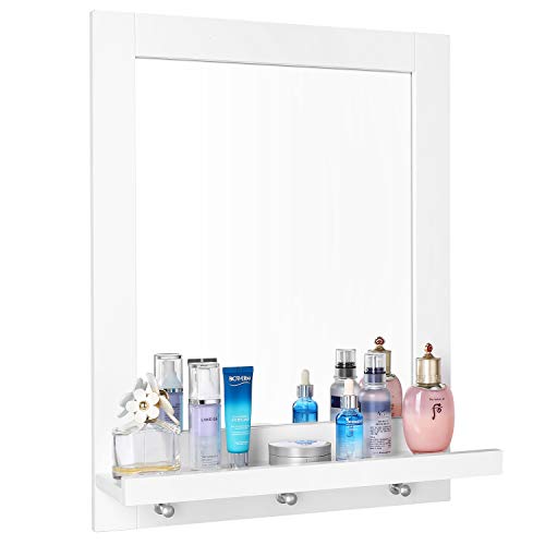 Homfa Espejo Baño Espejo de Pared con 1 Balda y 3 Ganchos Espejo para Baño Dormitorio Blanco 47x13.5x60cm