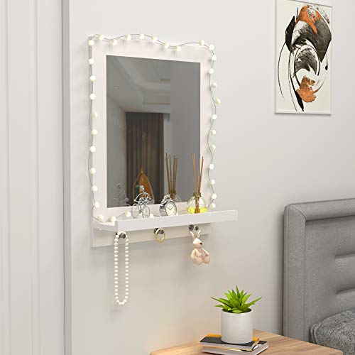Homfa Espejo Baño Espejo de Pared con 1 Balda y 3 Ganchos Espejo para Baño Dormitorio Blanco 47x13.5x60cm