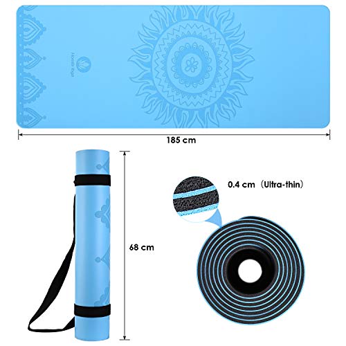 Homfa Esterilla de Yoga Antideslizante 2-in-1 de Tapete y Toalla Yoga Mat Sudor Absorbente Colchoneta de Gimnasia de PU y Caucho Natural con Double Capas 4.0 mm de Grosor 185 x 68 de Color Azul