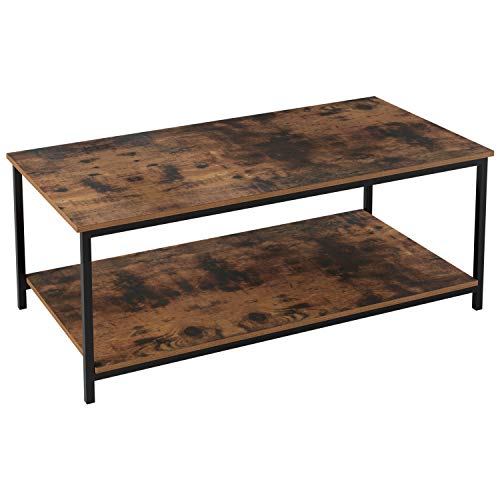 Homfa Mesa de Centro Mesa Auxiliar Salón Mesa de Café Mesa Metálica y Madera con 2 Niveles Negro y Vintage 108x52x45cm