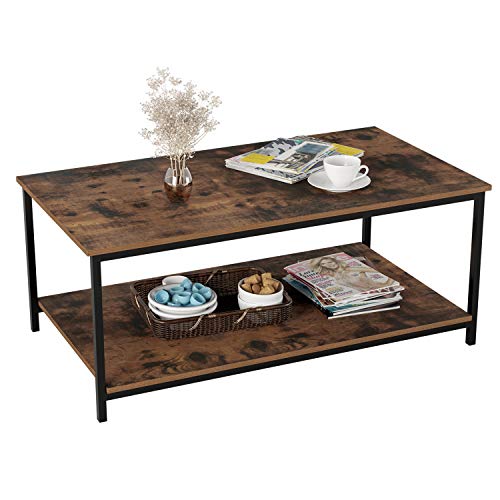 Homfa Mesa de Centro Mesa Auxiliar Salón Mesa de Café Mesa Metálica y Madera con 2 Niveles Negro y Vintage 108x52x45cm