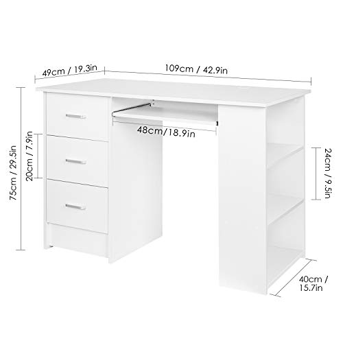 Homfa Mesa de Escritorio Mesa de Ordenador Escritorio de Oficina Estudio con 3 Cajones 3 Estantes Blanco 109x49x75cm