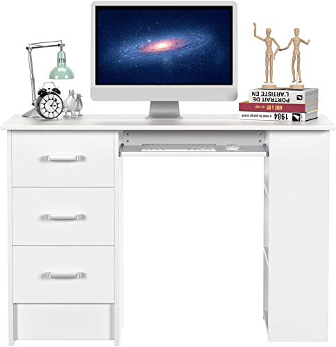 Homfa Mesa de Escritorio Mesa de Ordenador Escritorio de Oficina Estudio con 3 Cajones 3 Estantes Blanco 109x49x75cm