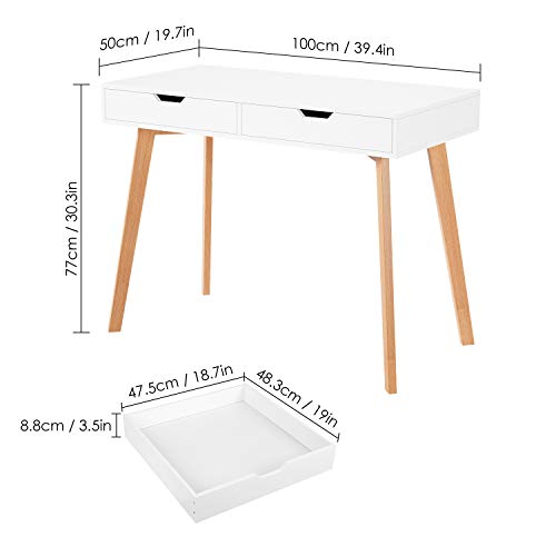 Homfa Mesa de Escritorio Mesa para Ordenador Escritorio para Estudio Oficina Dormitorio con 2 Cajones Blanco 100x50x77cm