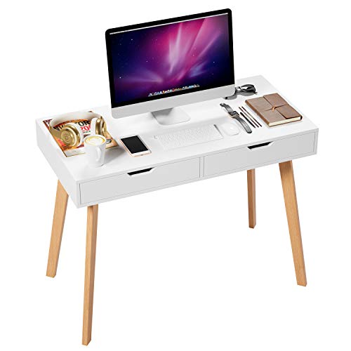 Homfa Mesa de Escritorio Mesa para Ordenador Escritorio para Estudio Oficina Dormitorio con 2 Cajones Blanco 100x50x77cm