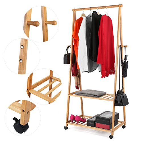 HOMFA Perchero Burro con ruedas Perchero de Bambú con estante para ropa zapatos 77 X 44 X 166 cm HOMFA Perchero Burro con ruedas Perchero de Bambú con estante para ropa zapatos 77 X 44 X 166 cm