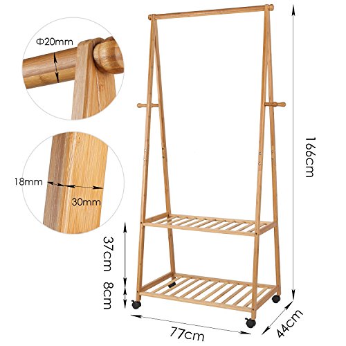 HOMFA Perchero Burro con ruedas Perchero de Bambú con estante para ropa zapatos 77 X 44 X 166 cm HOMFA Perchero Burro con ruedas Perchero de Bambú con estante para ropa zapatos 77 X 44 X 166 cm