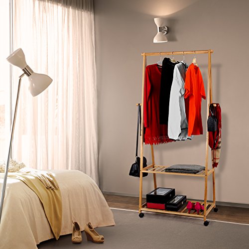 HOMFA Perchero Burro con ruedas Perchero de Bambú con estante para ropa zapatos 77 X 44 X 166 cm HOMFA Perchero Burro con ruedas Perchero de Bambú con estante para ropa zapatos 77 X 44 X 166 cm