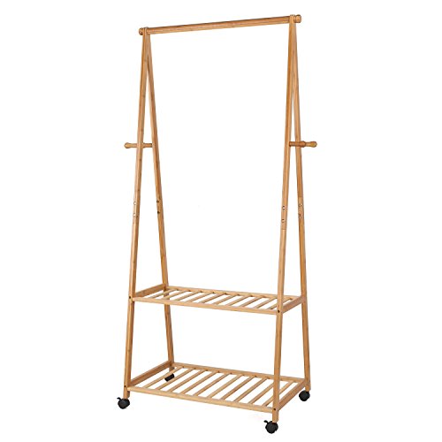 HOMFA Perchero Burro con ruedas Perchero de Bambú con estante para ropa zapatos 77 X 44 X 166 cm HOMFA Perchero Burro con ruedas Perchero de Bambú con estante para ropa zapatos 77 X 44 X 166 cm