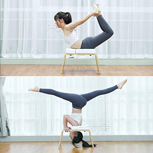 Homfa Silla de Inversión de Yoga Banco Soporte para la Cabeza Taburete de Yoga Blanco y Roble 62.5x42x39.5cm