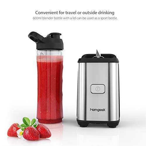 homgeek Batidora de Vaso Individual, Licuadora Portatil 350W para Smoothies, Frutas y Verduras, Incluye 2 Botellas de 600 ml, Cuerpo de Acero Inoxidable, Operación con Solo Botón, Sin BPA, Plata