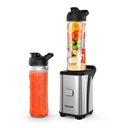 homgeek Batidora de Vaso Individual, Licuadora Portatil 350W para Smoothies, Frutas y Verduras, Incluye 2 Botellas de 600 ml, Cuerpo de Acero Inoxidable, Operación con Solo Botón, Sin BPA, Plata