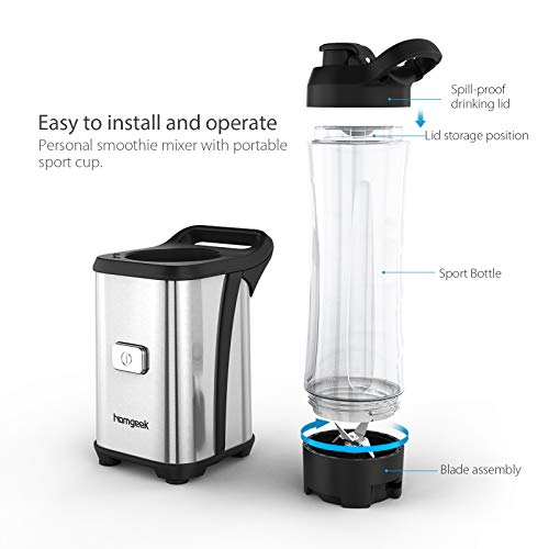 homgeek Batidora de Vaso Individual, Licuadora Portatil 350W para Smoothies, Frutas y Verduras, Incluye 2 Botellas de 600 ml, Cuerpo de Acero Inoxidable, Operación con Solo Botón, Sin BPA, Plata