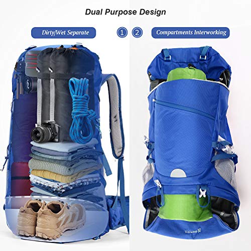 HOMIEE Mochila de Senderismo de 50 litros, Macutos de Senderismo Impermeable Multifuncional, Unisex, Mochilas de Marcha Adecuada para Senderismo, Camping, Viaje, Deportes al Aire Libre, etc (Azúl)