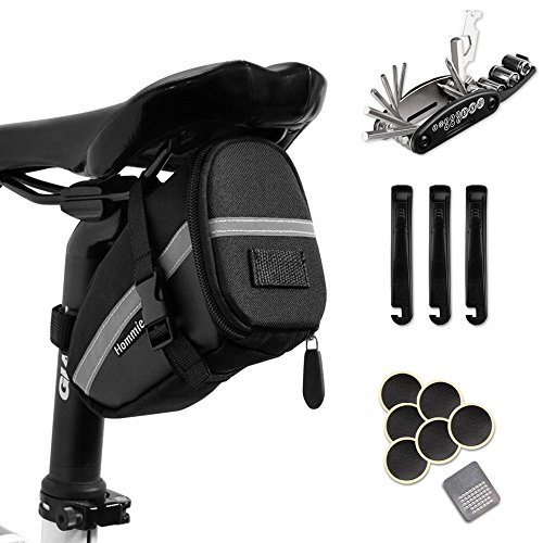 Hommie 16 En 1 Bolsa de Sillín para Bicicleta con Herramientas Multifuncional, Ideal Bolsas de Ciclismo con Tira Reflectante y Kits de Reparación para Bicicletas de Montaña, Negro