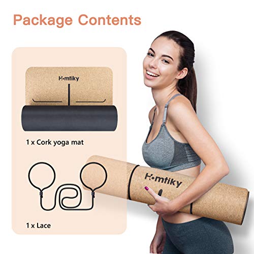 Homtiky Esterilla Yoga Antideslizante, Colchoneta Yoga de Corcho, Esterilla Deporte Hecha de Material Natural con Sistema de Línea, Yoga Mat de 183x65cm, 7mm con Cuerda de Transporte