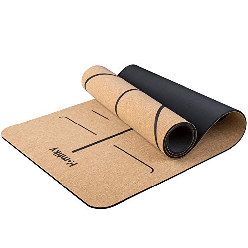 Homtiky Esterilla Yoga Antideslizante, Colchoneta Yoga de Corcho, Esterilla Deporte Hecha de Material Natural con Sistema de Línea, Yoga Mat de 183x65cm, 7mm con Cuerda de Transporte