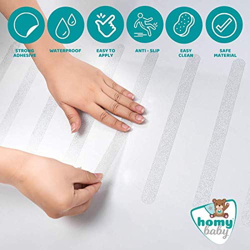 HOMYBABY Pegatinas Antideslizantes [24pcs] | Tiras antideslizantes bañera, ducha y escalera | Cinta adhesiva bañera transparente (25x2 cm) | Alfombra bañera adultos, niños y bebé