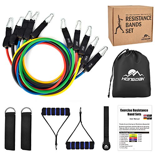 HONGDAK Bandas Elásticas Musculación Fitness, Cintas Elásticas Musculación Fitness, 11 pcs Bandas de Resistencia - 5 Tubos de látex, 2 Manijas, 2 Correa de Tobillo, Ancla de Puerta, Bolsa