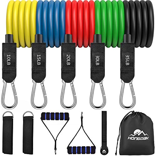 HONGDAK Bandas Elásticas Musculación Fitness, Cintas Elásticas Musculación Fitness, 11 pcs Bandas de Resistencia - 5 Tubos de látex, 2 Manijas, 2 Correa de Tobillo, Ancla de Puerta, Bolsa