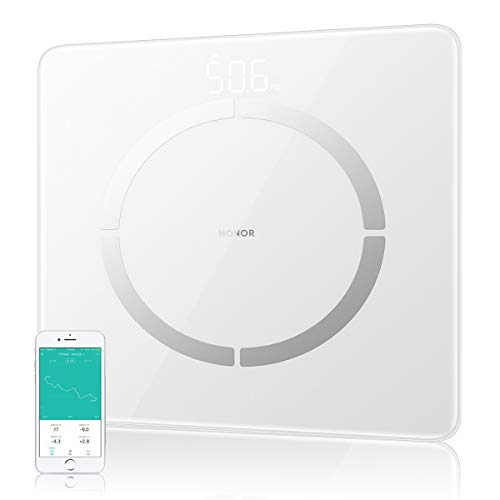 HONOR Scale 2 - Bascula de Grasa Corporal Bluetooth con pantalla LED de hasta 150kg, 11 Mediciónes de Peso IMC Visceral e Muscular para Android, Blanco