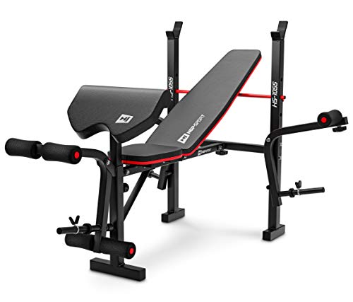 Hop-Sport HS-1055 - Banco de pesas plegable con soporte para mancuernas, banco de curl y mariposa de entrenamiento ajustable para press de banca