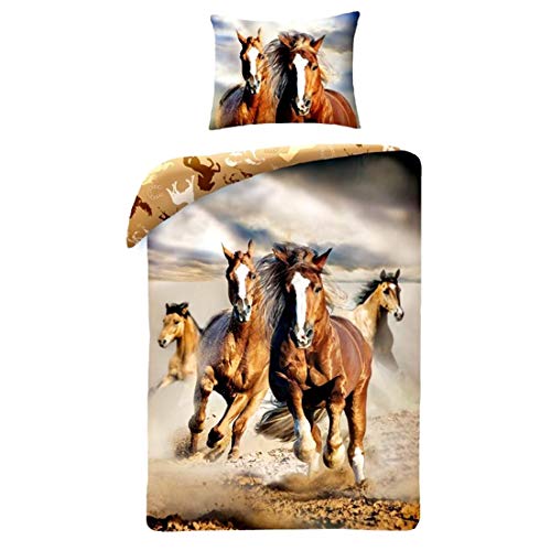 Horse Riding - Juego de cama, edredón con diseño de caballo marrón, para cama de 140 x 200 cm, individual, 100% de algodón, ropa de cama