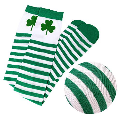 HOWAF 3 Pares Trébol Irlandeses Calcetines hasta la Rodilla para Día de San Patricio High Medias de Seda Verdes y Blancas para Accesorios de Fiesta de Disfraz para Mujeres niñas