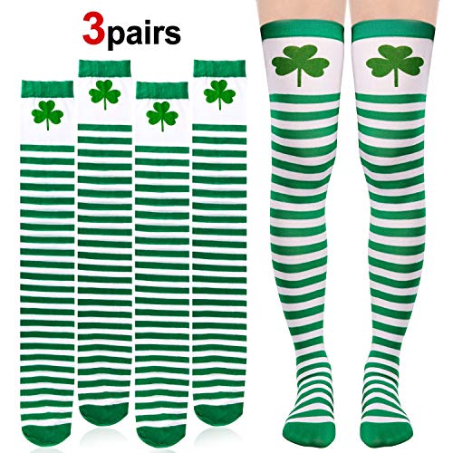 HOWAF 3 Pares Trébol Irlandeses Calcetines hasta la Rodilla para Día de San Patricio High Medias de Seda Verdes y Blancas para Accesorios de Fiesta de Disfraz para Mujeres niñas