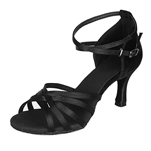HROYL Zapatos de Baile/Zapatos Latinos de el Negro satén Mujeres ES7-F13 EU 35