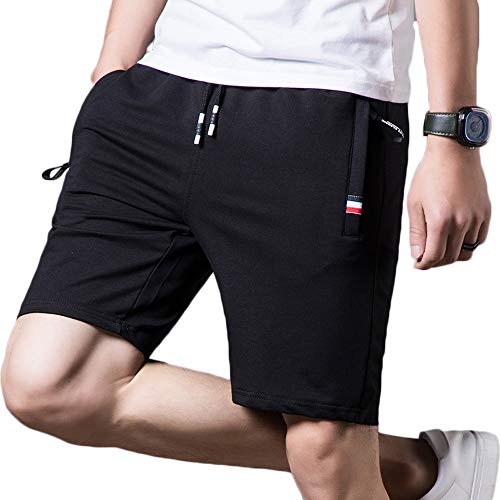 HUATING Pantalones Cortos Deportivos para Hombre, Pantalones de Hombre con Cordón y Cremallera para Los Bolsillos (Black, L) HUATING Pantalones Cortos Deportivos para Hombre, Pantalones de Hombre con Cordón y Cremallera para Los Bolsillos (Black, L)