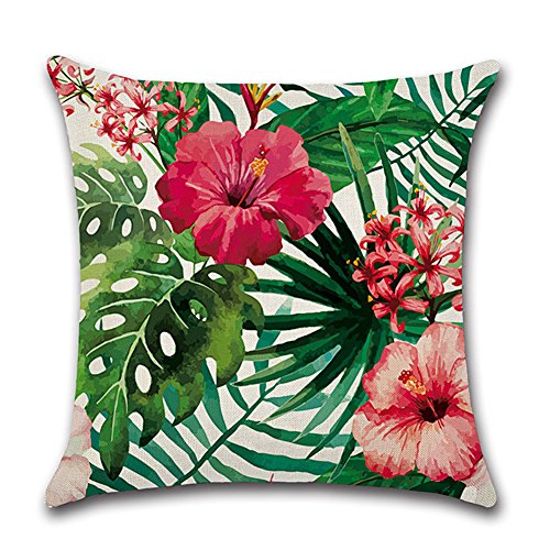 HuifengS - Fundas de cojín cuadradas de lino - decorativas, para sofás o camas - con motivo tropical, de bosque, plantas, juego de 4 fundas de cojín de 45,7 x 45,7 cm