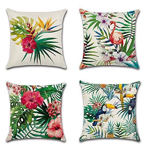 HuifengS - Fundas de cojín cuadradas de lino - decorativas, para sofás o camas - con motivo tropical, de bosque, plantas, juego de 4 fundas de cojín de 45,7 x 45,7 cm HuifengS - Fundas de cojín cuadradas de lino - decorativas, para sofás o camas - con motivo tropical, de bosque, plantas, juego de 4 fundas de cojín de 45,7 x 45,7 cm