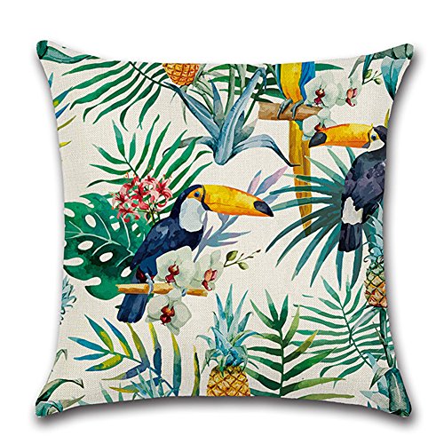 HuifengS - Fundas de cojín cuadradas de lino - decorativas, para sofás o camas - con motivo tropical, de bosque, plantas, juego de 4 fundas de cojín de 45,7 x 45,7 cm