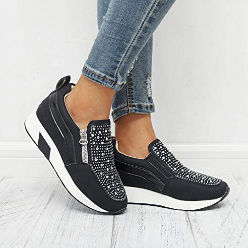 HULKY Zapatos Deportivos Plataforma Mujer, Zapatillas Brillantes Calzado con Cremallera Plano Calzado Running Andar Casual Fiesta CláSico Comodos (Negro,38.5)