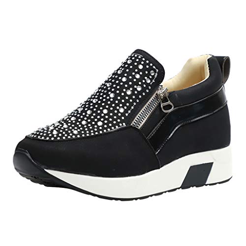 HULKY Zapatos Deportivos Plataforma Mujer, Zapatillas Brillantes Calzado con Cremallera Plano Calzado Running Andar Casual Fiesta CláSico Comodos (Negro,38.5)