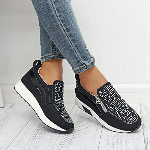 HULKY Zapatos Deportivos Plataforma Mujer, Zapatillas Brillantes Calzado con Cremallera Plano Calzado Running Andar Casual Fiesta CláSico Comodos (Negro,38.5)