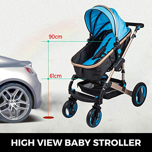 Husuper 2 en 1 Cochecito de de Alta Calidad Plegable Portátil Ligero Amortiguador Ajustable para Bebés Recién Nacidos Carrito con Capazo Cuna para Bebé Azul