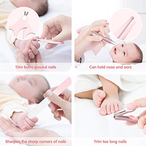 HyAdierTech Juego de cortaúñas para bebé - Juego de pedicura para bebé - Kit de aseo para bebé - Juego de cuidado para guardería con tijera de seguridad + Lima para uñas + Pinzas (rosado)